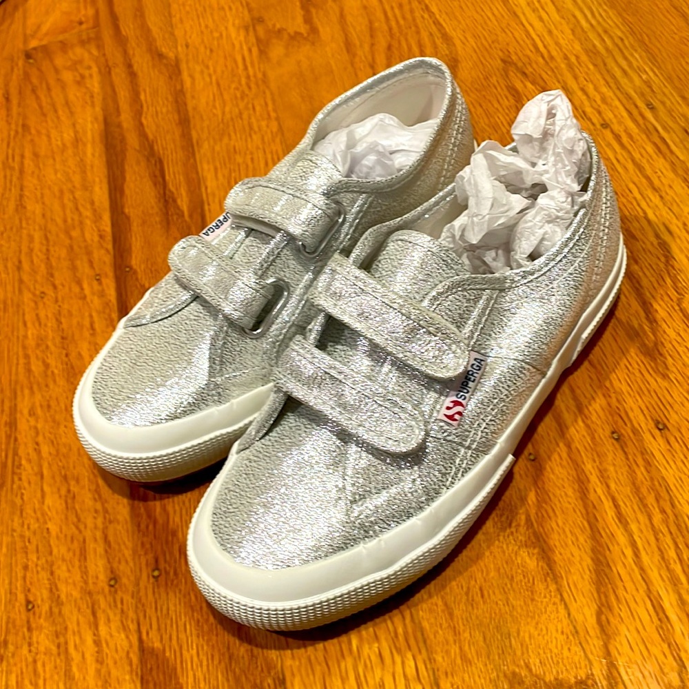 Metallic Silver sneakers by Superga with velcro straps (brand new in box)